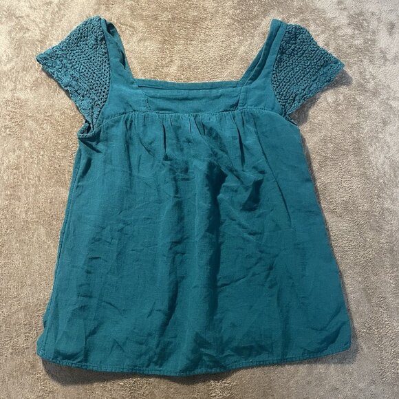 Old Navy Shirt Womens XS Turquoise Crochet Sleeve Square Neck Short Slv Blouse - Picture 1 of 6